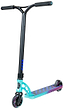 The Madd Gear MGP VX Origin IV 450 Complete Stunt Scooter - Gravitron features a teal and purple design, black handlebar, patterned deck, and small wheels—perfect for park riders—shown on a white background.