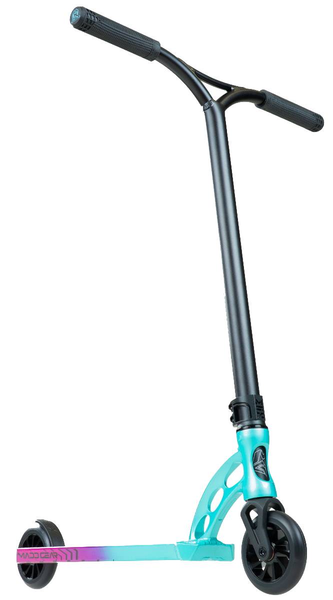 The Madd Gear MGP VX Origin IV 450 Complete Stunt Scooter - Gravitron features a black handlebar and wheels with a metallic teal deck fading to purple at the rear, ideal for park riders. Displayed upright on a white background.