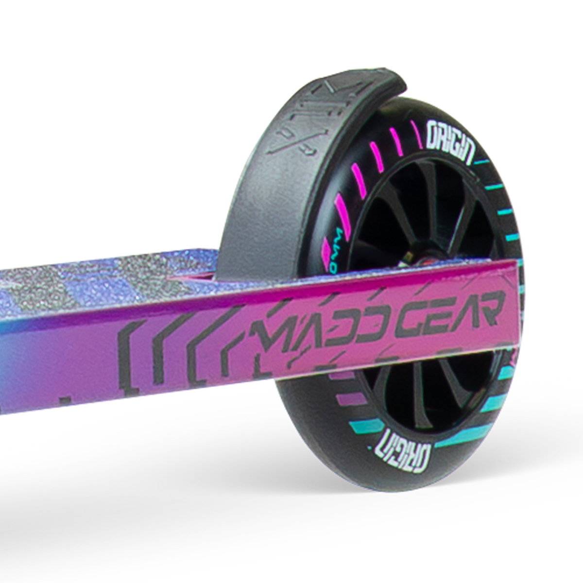 Close-up of the rear wheel of the MGP VX Origin IV 450 Complete Stunt Scooter - Gravitron, featuring a metallic purple and pink Madd Gear deck and a black wheel with teal and pink ORIGIN graphics—ideal for park riders.