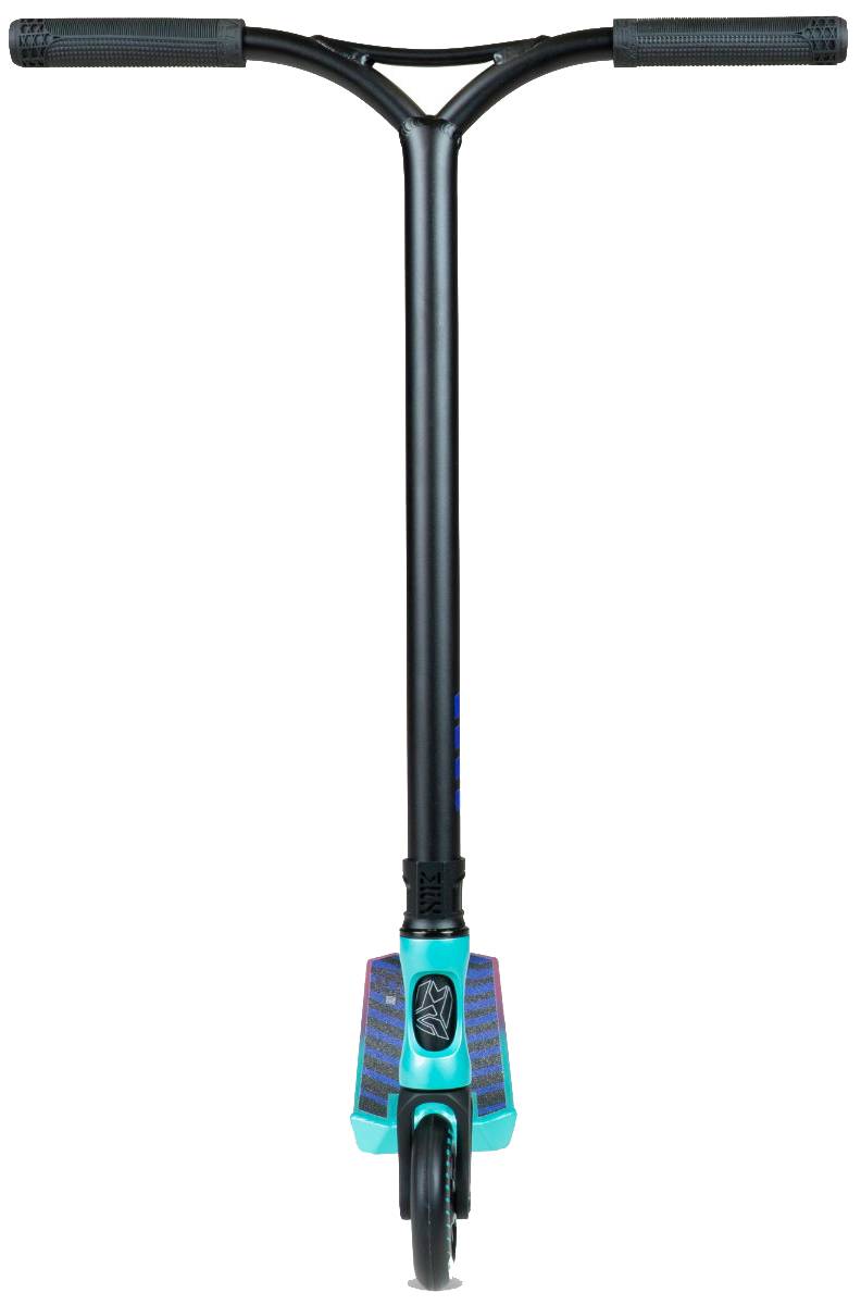 The Madd Gear (MGP) VX Origin IV 450 Complete Stunt Scooter - Gravitron is shown from the front, featuring wide handlebars, a single front wheel, and a vivid blue-green deck—perfect for park stunt riders.