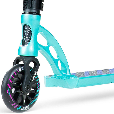 Close-up of the Madd Gear (MGP) VX Origin IV 450 Complete Stunt Scooter - Gravitron, featuring a black wheel with colorful accents, a cut-out metal fork, and part of its textured turquoise deck—ideal for park stunts.