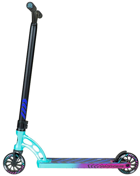 The Madd Gear MGP VX Origin IV 450 Complete Stunt Scooter - Gravitron features a black handlebar, blue and purple deck with bold graphics, teal frame, large front wheel, smaller rear wheel, and is designed for park riders.