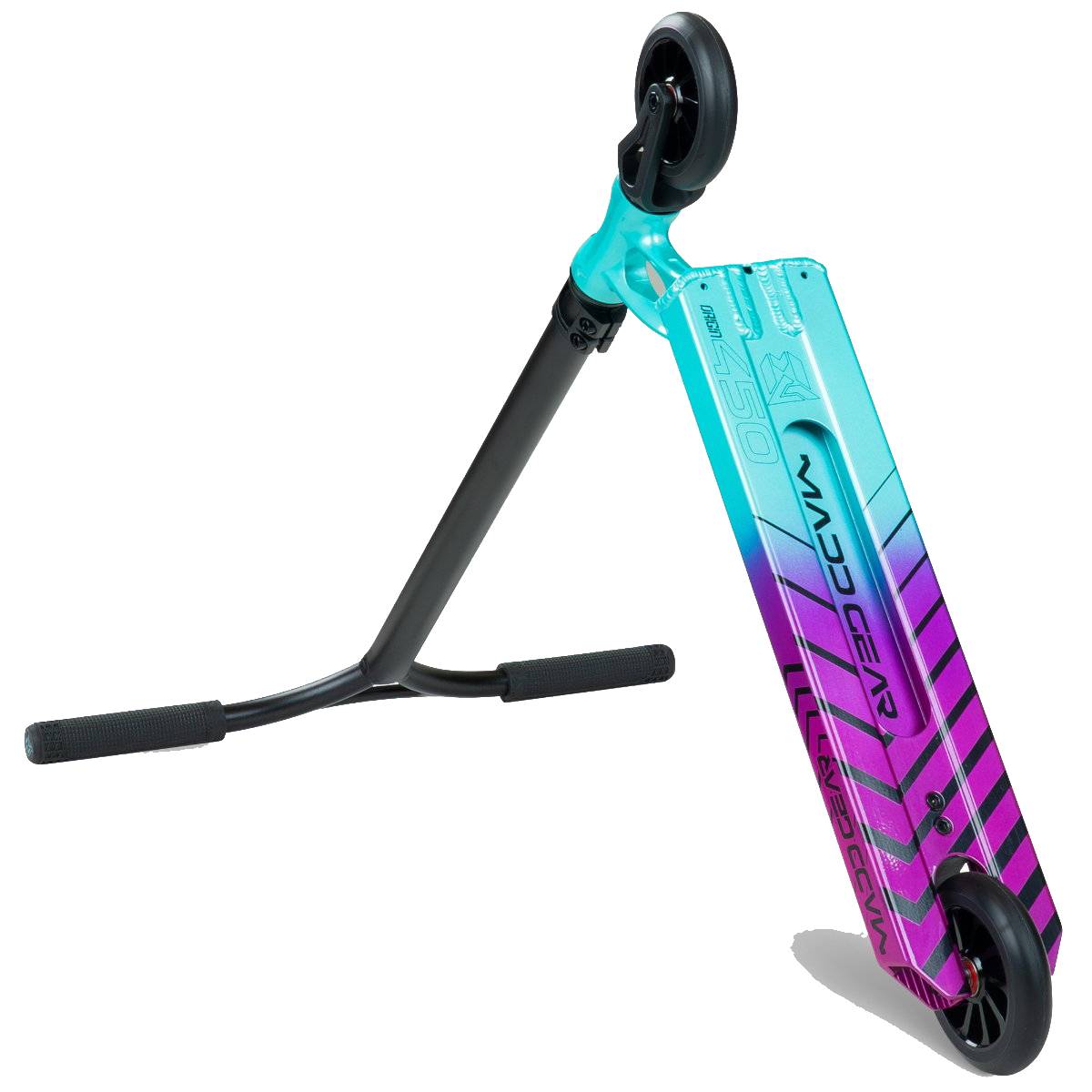 The Madd Gear (MGP) VX Origin IV 450 Complete Stunt Scooter - Gravitron features a turquoise and purple gradient deck, black handlebars, and wheels. Positioned at an angle, it highlights the deck details and handlebar grips—ideal for park riders.