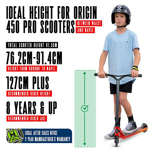 A boy in a helmet stands on a red and black Madd Gear (MGP) VX Origin IV 450 Complete Stunt Scooter - Phonon. Text notes ideal park handlebar height (waist to navel), for riders 127cm+ and ages 8+.