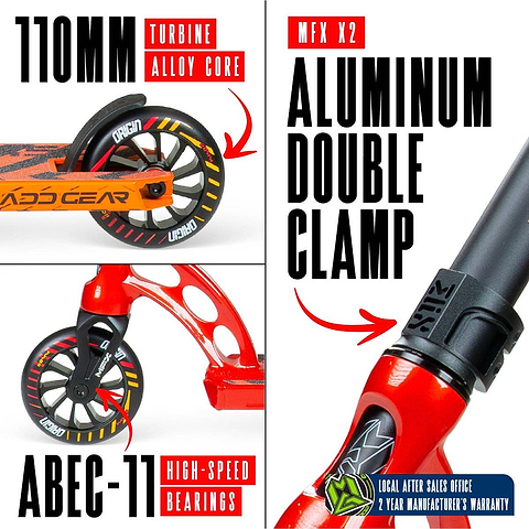 Four-panel image featuring the Madd Gear (MGP) VX Origin IV 450 Complete Stunt Scooter - Phonon: 110mm turbine alloy wheels, MFX X2 double clamp, ABEC-11 bearings; ideal for park riders, with local support and a 2-year warranty.