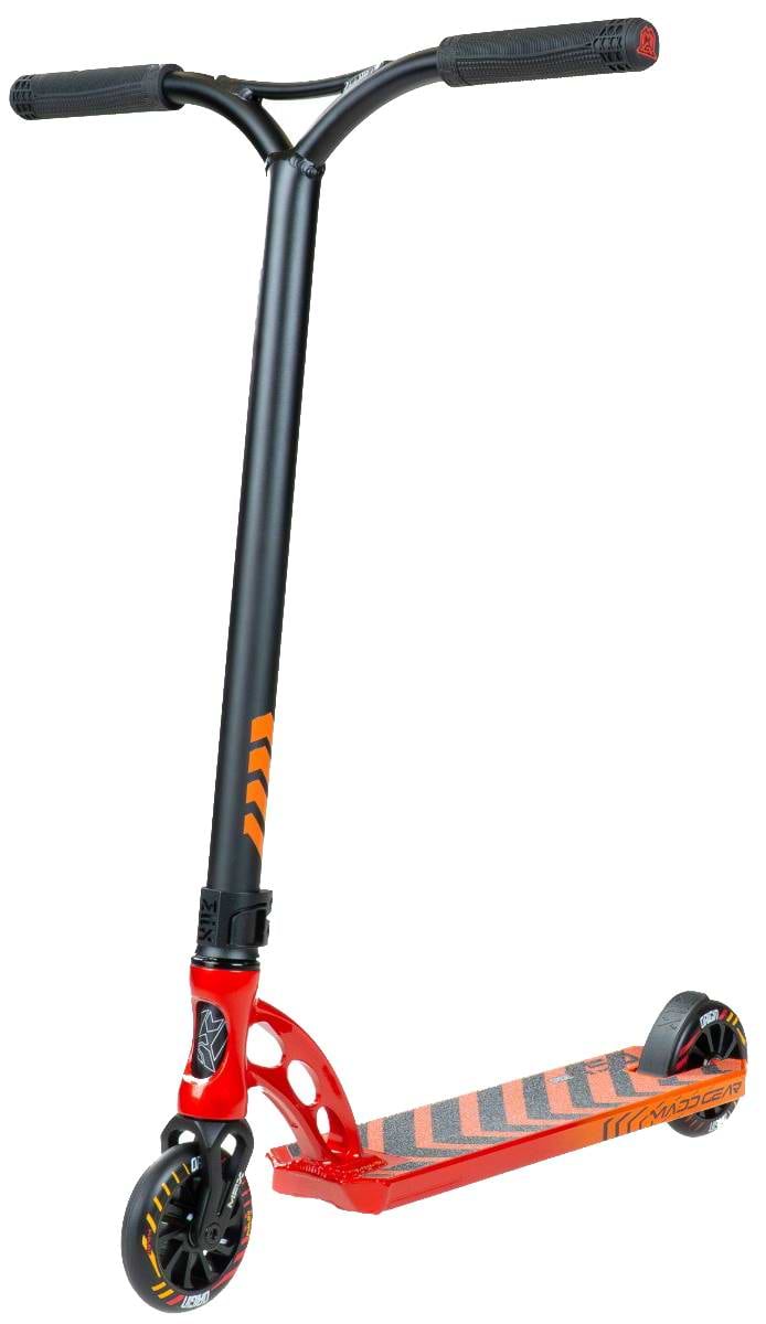 The Madd Gear MGP VX Origin IV 450 Complete Stunt Scooter - Phonon features a red and black design, T-shaped handlebar, black grips, small black wheels, and an orange-striped deck—perfect for park riders seeking top performance.