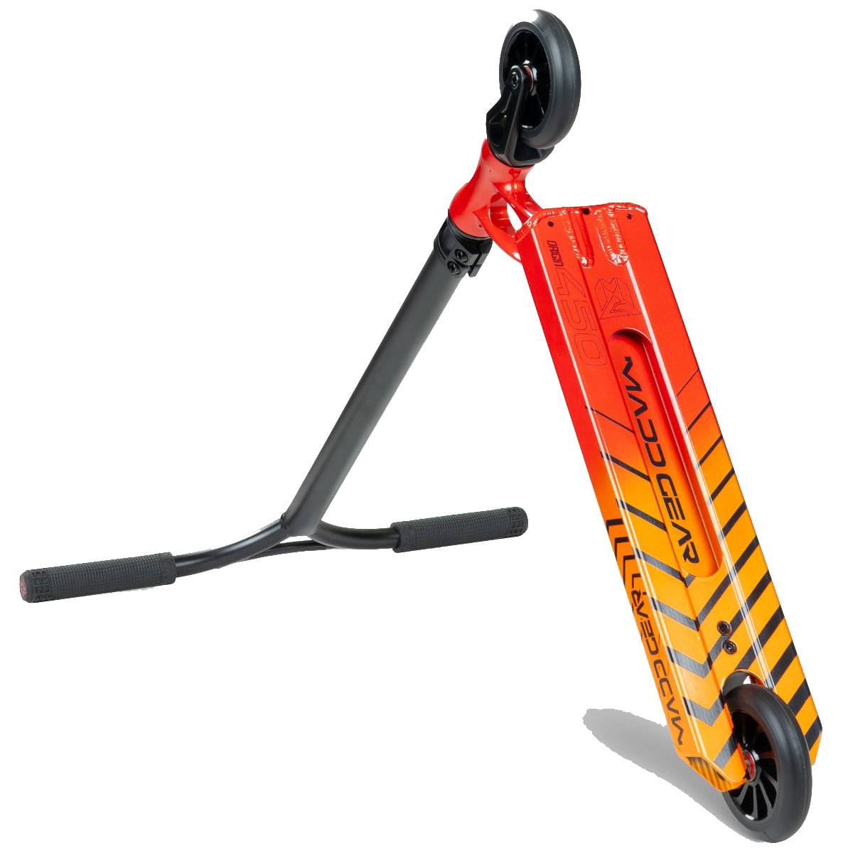 The Madd Gear MGP VX Origin IV 450 Complete Stunt Scooter - Phonon features a red and orange deck with diagonal stripes, black handlebars and wheels, and bold “MADD GEAR” branding—ideal for park riders. Shown angled on a white background.