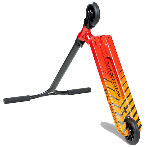 The Madd Gear MGP VX Origin IV 450 Complete Stunt Scooter - Phonon features a red and orange deck with diagonal stripes, black handlebars and wheels, and bold “MADD GEAR” branding—ideal for park riders. Shown angled on a white background.