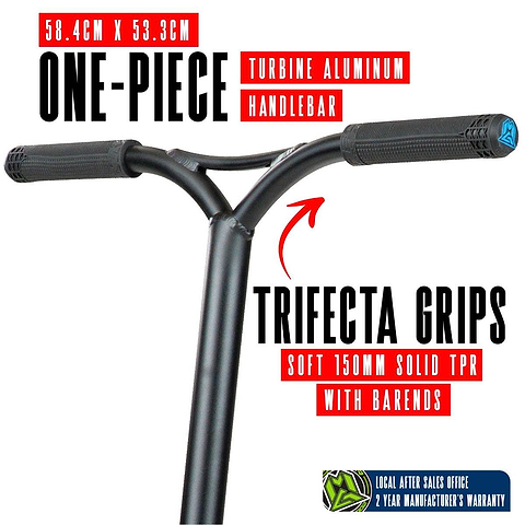 The Madd Gear MGP VX Origin IV 450 Complete Stunt Scooter - Tensor features a black one-piece aluminum handlebar with 150mm TPR Trifecta grips and barends, sized 58.4cm x 53.3cm, ideal for park riders and backed by a 2-year warranty.