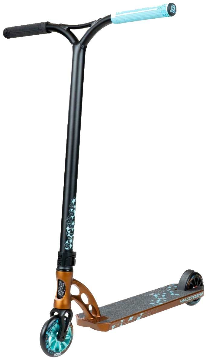 The Madd Gear (MGP) VX Origin IV 500 Complete Stunt Scooter - Deltoid features a black and bronze frame, teal grips, teal-accented wheels, graphic deck and stem, plus a black fender brake on the rear wheel.