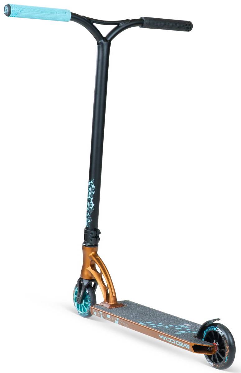 The MGP VX Origin IV 500 Complete Stunt Scooter – Deltoid by Madd Gear features a black handlebar, blue grips, bronze deck, blue wheels, and black grip tape with white text and patterns.
