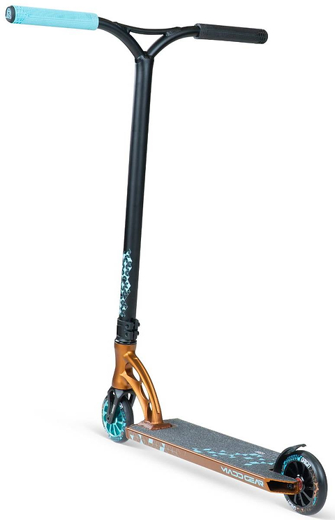 The MGP VX Origin IV 500 Complete Stunt Scooter – Deltoid by Madd Gear features a black handlebar, blue grips, bronze deck, blue wheels, and black grip tape with white text and patterns.