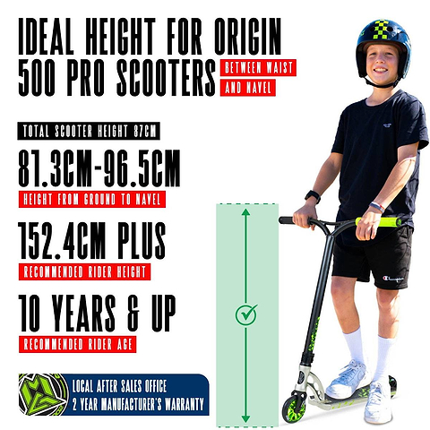 A smiling child in a helmet stands with the Madd Gear MGP VX Origin IV 500 Complete Stunt Scooter - Pyriform, perfect for riders aged 10+, scooter height 87cm, ideal navel height 81.3-96.5cm.