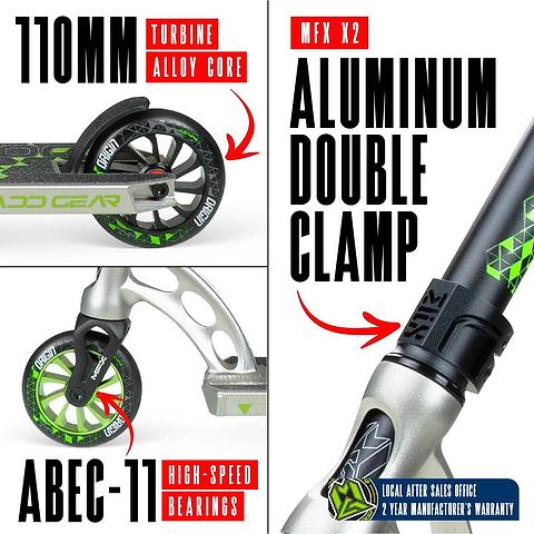Collage shows the Madd Gear (MGP) VX Origin IV 500 Complete Stunt Scooter - Pyriform with 110mm turbine alloy core wheels, ABEC-11 bearings, MFX X2 double clamp. Local after sales office and 2-year manufacturer's warranty included.
