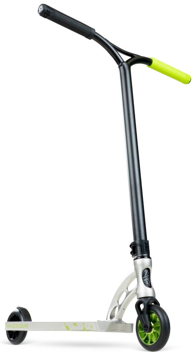 The Madd Gear (MGP) MGP VX Origin IV 500 Complete Stunt Scooter - Pyriform features a silver deck, black handlebar, green grip on one side, and a green and black front wheel, displayed on a white background.