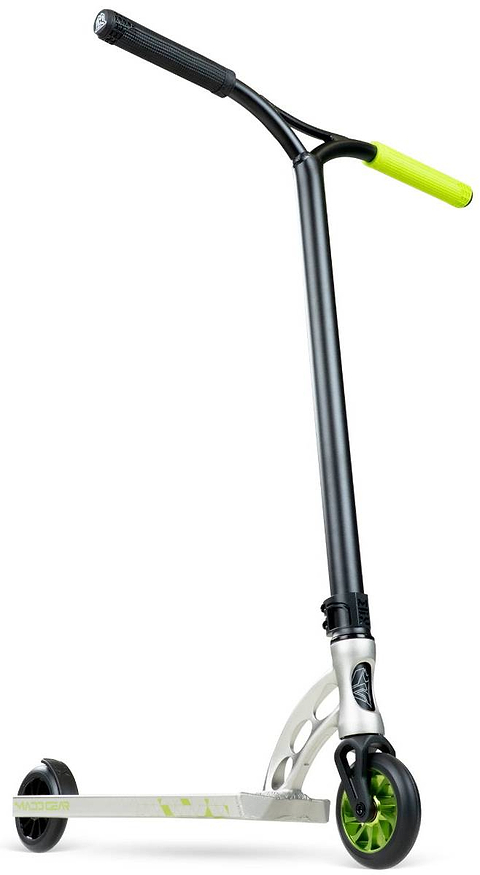 The Madd Gear (MGP) MGP VX Origin IV 500 Complete Stunt Scooter - Pyriform features a silver deck, black handlebar, green grip on one side, and a green and black front wheel, displayed on a white background.