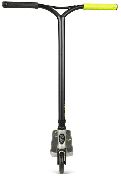 Front view of the Madd Gear (MGP) VX Origin IV 500 Complete Stunt Scooter - Pyriform, showing its single front wheel, wide deck, and handlebars with one black and one bright yellow-green grip.