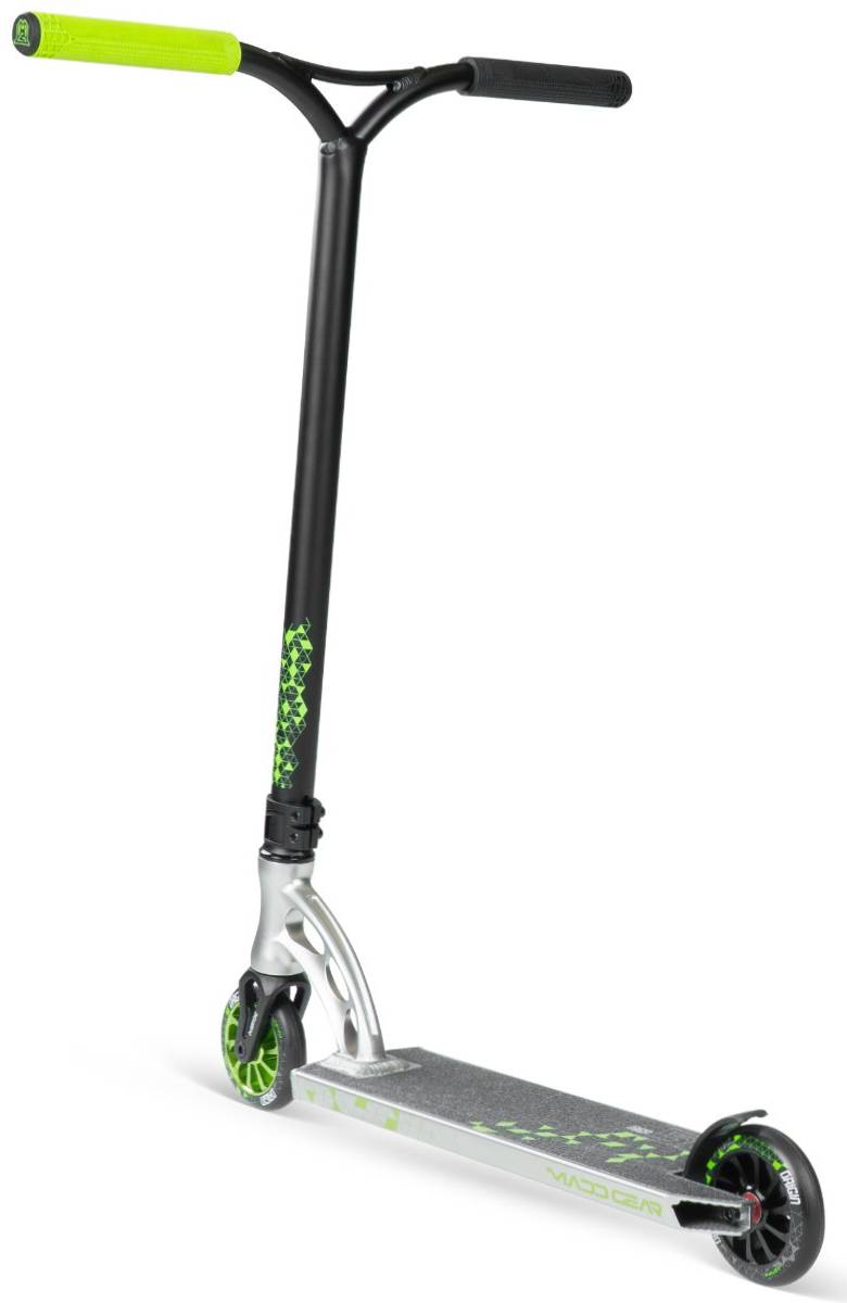 The Madd Gear (MGP) VX Origin IV 500 Complete Stunt Scooter - Pyriform features a silver deck, black handlebar, and bright green accents on the wheels and grips, displayed against a white background.