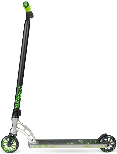 The Madd Gear (MGP) VX Origin IV 500 Complete Stunt Scooter - Pyriform features a sleek green and black design with bold "Madd Gear" branding—ideal for stunt scooter enthusiasts seeking style and performance.