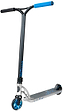 The Madd Gear MGP VX Origin IV 500 Complete Stunt Scooter - Scalene is a freestyle model with a black handlebar, blue grips, blue accents on the stem and wheels, plus a silver deck featuring grip tape.