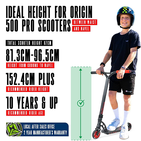 A boy in a helmet stands with a Madd Gear MGP VX Origin IV 500 Complete Stunt Scooter - Trigon (87cm tall). Suits riders 152.4cm+ and ages 10+, ideal between waist and navel. Warranty details and sales info displayed.