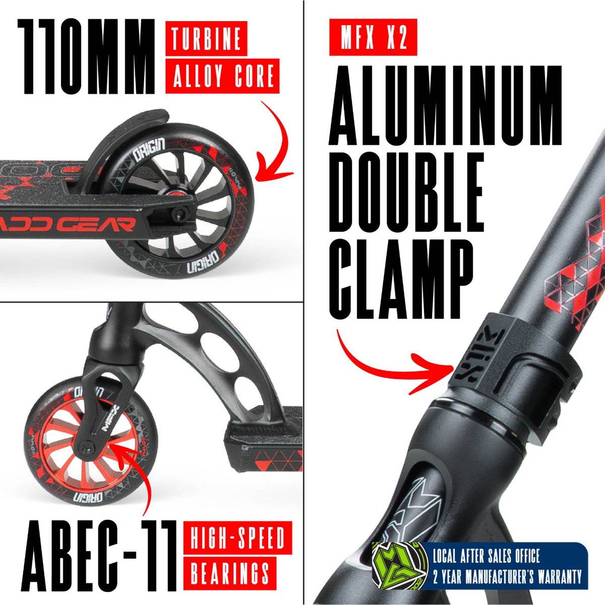 Close-up images of the Madd Gear (MGP) VX Origin IV 500 Complete Stunt Scooter - Trigon show its 110mm turbine alloy core wheels, ABEC-11 bearings, MFX X2 aluminum double clamp, and note the included 2-year manufacturer’s warranty.