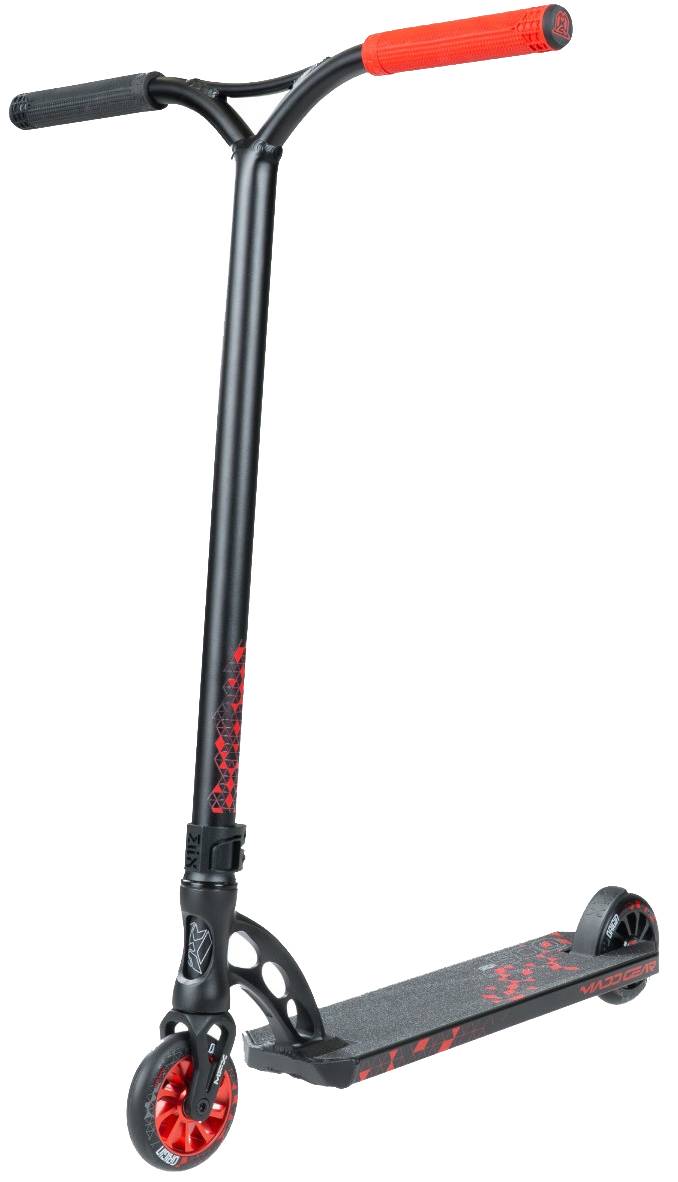 The Madd Gear (MGP) VX Origin IV 500 Complete Stunt Scooter - Trigon features a black and red design with textured deck, black handlebars, red grips, and red wheels with black spokes—delivering pro-level performance and modern style.