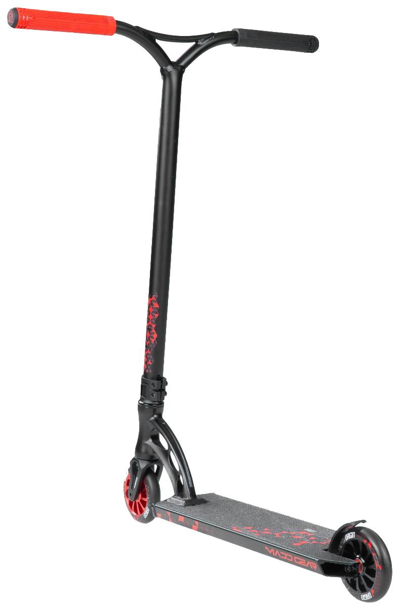 A Madd Gear (MGP) VX Origin IV 500 Complete Stunt Scooter - Trigon, black with red handlebar grips and wheel spokes, plus a gray deck with red graphics, is displayed against a plain white background.
