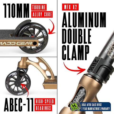 Composite image featuring the Madd Gear (MGP) VX Origin IV 550 Complete Stunt Scooter in Antique Brass with 110mm turbine alloy wheels, MFX X2 double clamp, ABEC-11 bearings—ideal for park riders. Includes local after sales office and 2-year warranty.