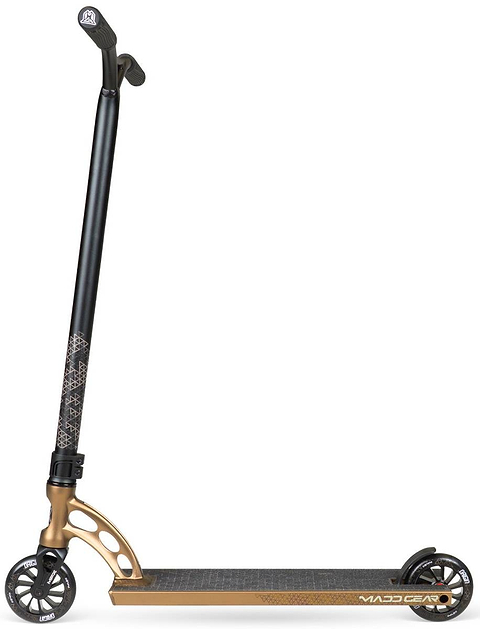 The Madd Gear (MGP) VX Origin IV 550 Complete Stunt Scooter in Antique Brass features a wide handlebar, sturdy deck, two large wheels, and "MADD GEAR" branding—ideal for park scooter enthusiasts.