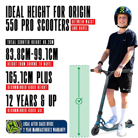 A young park rider with a helmet stands by the Madd Gear (MGP) VX Origin IV 550 Complete Stunt Scooter - Denim. Text shows ideal height (83.8–99.1cm), for ages 12+, rider height (165.1cm+), checklist graphic, 2-year warranty, and sales office info.