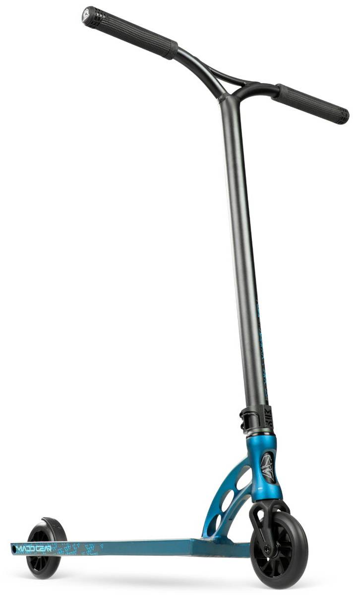 The Madd Gear (MGP) VX Origin IV 550 Complete Stunt Scooter in Denim features a metal frame, black handlebars, and two small wheels—designed for tricks and smooth riding, making it perfect for park riders.