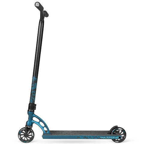 The Madd Gear (MGP) VX Origin IV 550 Complete Stunt Scooter - Denim features a long handlebar, solid black wheels, and a textured deck, shown side-on against a white background—perfect for park riders.