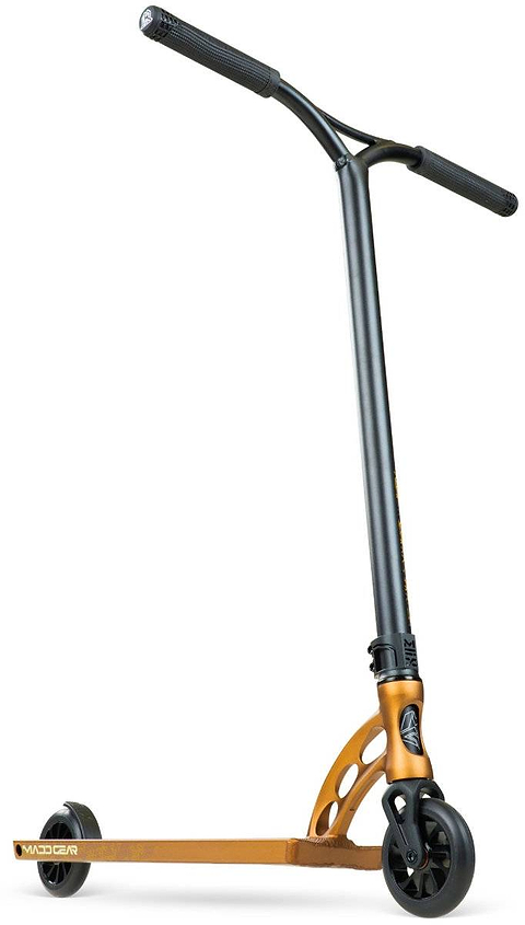 The Madd Gear (MGP) VX Origin IV 550 Complete Stunt Scooter in Rust is a freestanding pro scooter with a black handlebar, gold deck, and two black wheels—ideal for park riders. Shown on a white background.