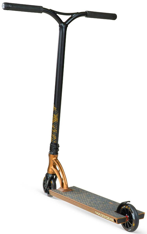 The Madd Gear (MGP) VX Origin IV 550 Complete Stunt Scooter in Rust, designed for park riders, features black handlebars and stem with gold accents on the deck and wheels, displayed upright against a white background.