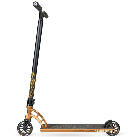 The Madd Gear MGP VX Origin IV 550 Complete Stunt Scooter in Rust features a black handlebar, patterned stem, two black wheels, and a textured deck—ideal for park riders.