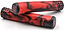A pair of Madd Gear (MGP) MGP Trifecta Red / Black Stunt Scooter Grips (150mm), featuring bold red and black geometric texturing, are stacked on a white surface. Each grip is equipped with a black end cap displaying the stylized Madd Gear logo, making them versatile accessories—perfect as replacement grips or an upgrade for your stunt scooter.