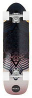 The Mindless Drifter Cruiser Skateboard 28″ x 8″ - Black features white wheels and trucks, with a geometric mandala design in black, purple, and pink. “Mindless.” is printed near the tail.