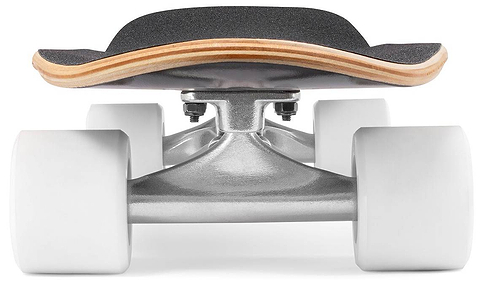 Close-up front view of the Mindless Drifter Cruiser Skateboard 28″ x 8″ - Black, featuring white wheels, black grip tape, metal truck, and a curved wooden deck by Mindless.