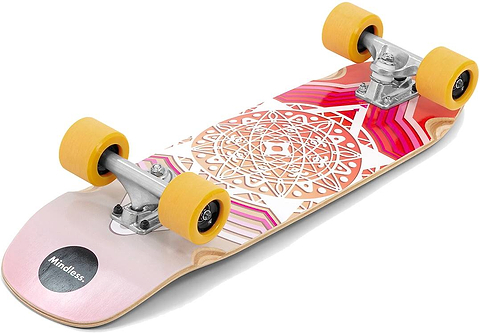 The Mindless Drifter Cruiser Skateboard 28″ x 8″ - Orange features yellow wheels, silver trucks, and a vibrant mandala deck design with “Mindless” near the tail.