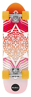 The Mindless Drifter Cruiser Skateboard 28″ x 8″ - Orange features yellow wheels and a pink, orange, and white geometric mandala design on the deck with “Mindless.” near the bottom.