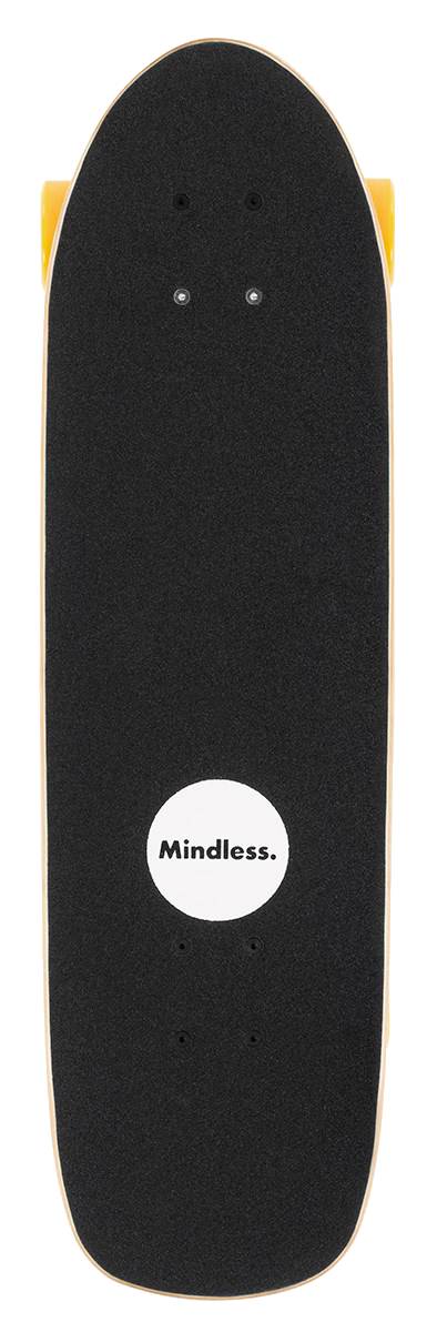 Top view of a Mindless Drifter Cruiser Skateboard 28″ x 8″ - Orange with white circular “Mindless.” logo near the tail and yellow wheels visible at the edges.