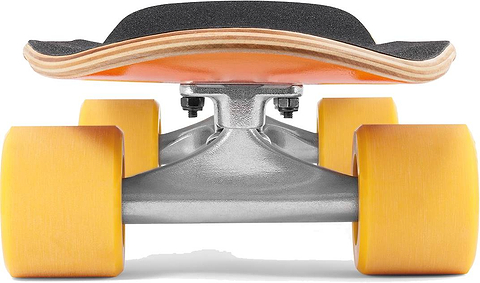 Close-up, low-angle view of the Mindless Drifter Cruiser Skateboard 28″ x 8″ - Orange featuring yellow wheels, metal trucks, and a wooden deck with black grip tape, isolated on white.