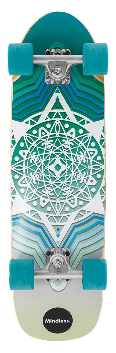 The Mindless Drifter Cruiser Skateboard 28″ x 8″ - Teal features teal wheels and trucks, a green-blue-white geometric mandala design, and “Mindless.” branding—ideal for smooth urban cruising.