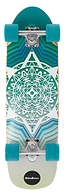 The Mindless Drifter Cruiser Skateboard 28″ x 8″ - Teal features teal wheels and trucks, a green-blue-white geometric mandala design, and “Mindless.” branding—ideal for smooth urban cruising.