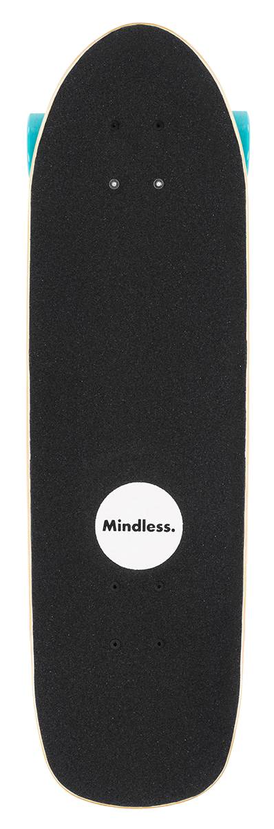 The Mindless Drifter Cruiser Skateboard 28″ x 8″ - Teal features black grip tape, blue wheels, and a white “Mindless” circle near the tail—ideal for urban cruising.