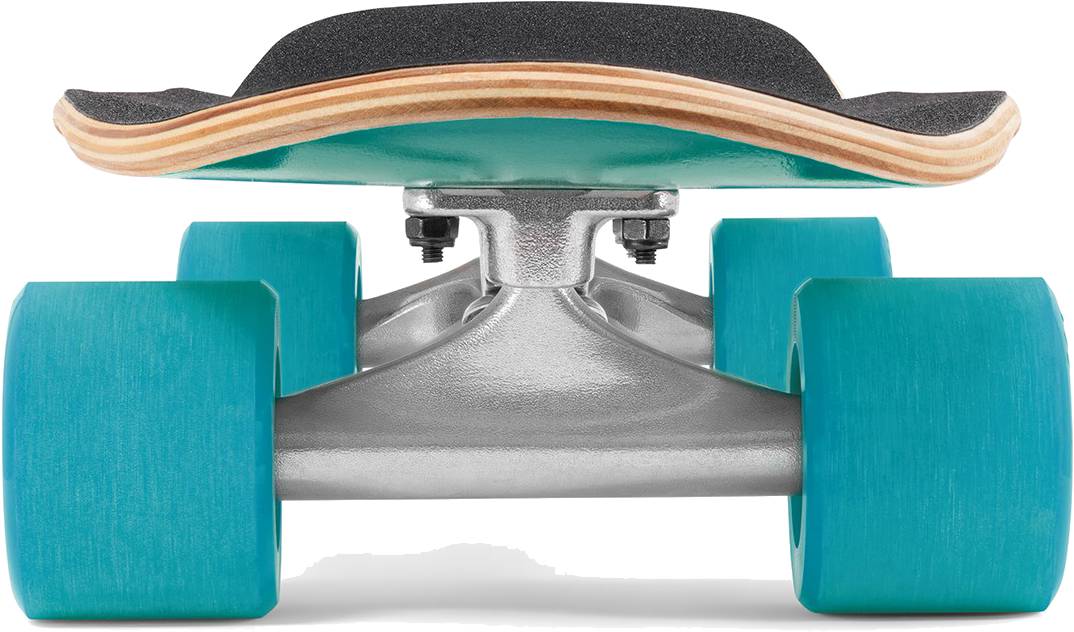Close-up front view of the Mindless Drifter Cruiser Skateboard 28″ x 8″ - Teal by Mindless, featuring teal wheels, a silver truck, and a wooden deck with black grip tape.