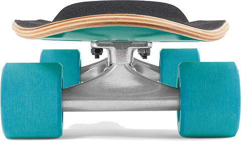 Close-up front view of the Mindless Drifter Cruiser Skateboard 28″ x 8″ - Teal by Mindless, featuring teal wheels, a silver truck, and a wooden deck with black grip tape.