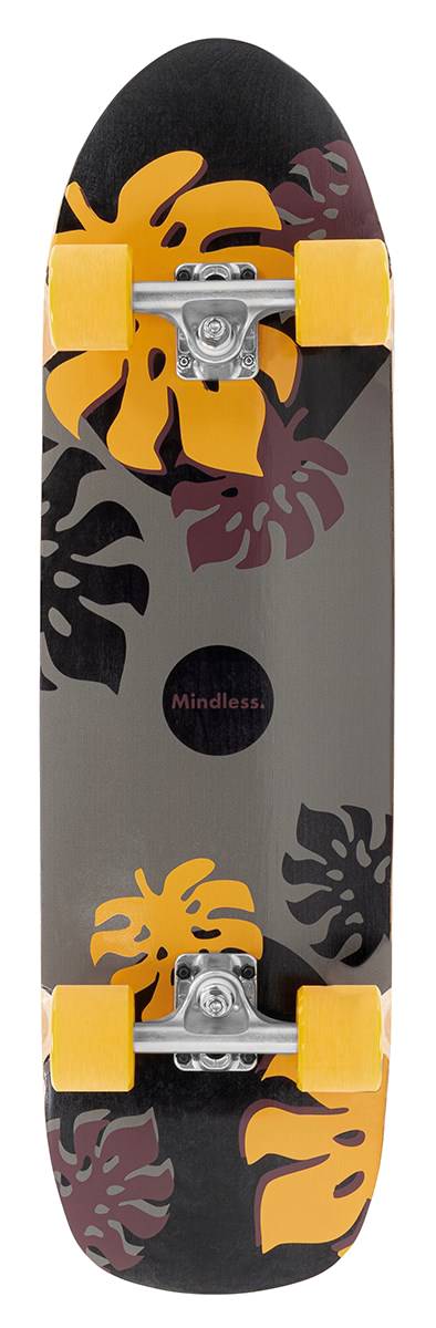 The Mindless Oasis Cruiser Skateboard 32″ x 9″ - Black features yellow wheels and a maple deck with bold yellow and black leaf graphics and “Mindless” at the center.