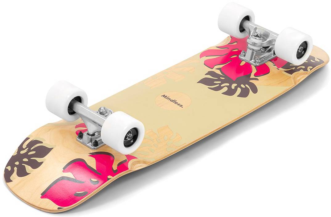 The Mindless Oasis Cruiser Skateboard 32″ x 9″ - Natural features a maple deck with white wheels, ABEC 9 chrome bearings, and pink and dark brown tropical leaf designs on a light tan background.